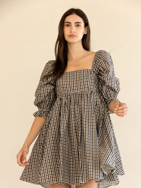 GINGHAM Puff Sleeve Mini Dress - Brown/Navy