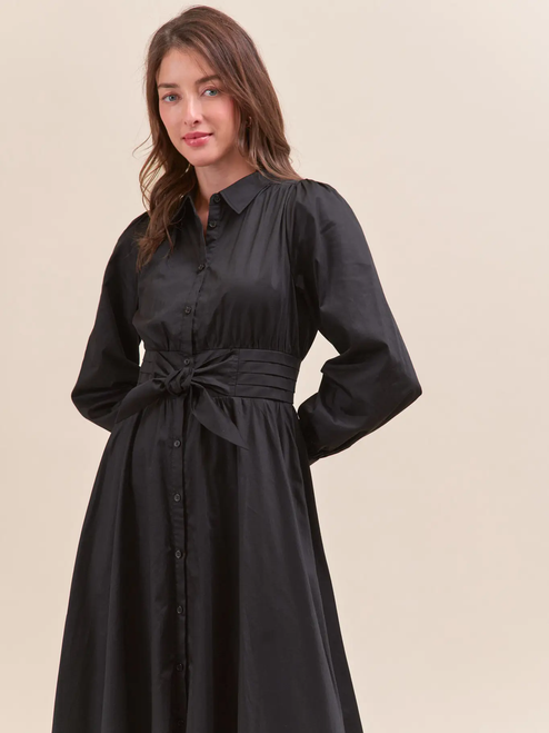 Pintuck Waist Tie Front Midi Dress - Black