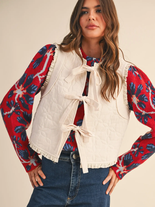 Floral Quilted Lace Trim Bow Tying Vest - Ecru