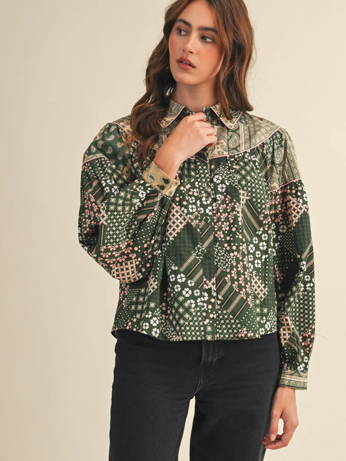 Mixed Patchwork Print Button Down Top - Green