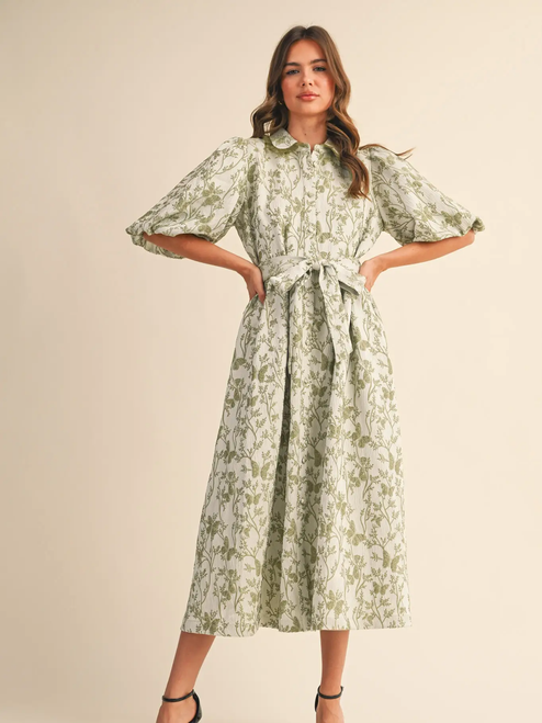 Jacquard Bubble Sleeve Button Down Midi Dress - Sage Green