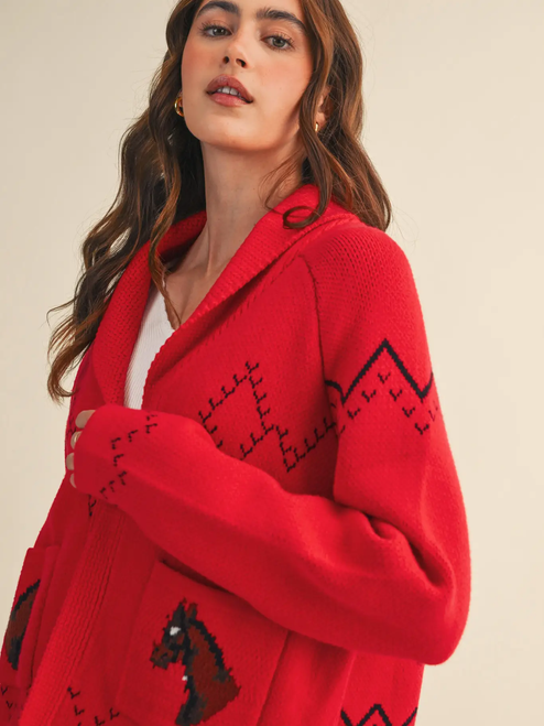Horse Knit Sweater Cardigan - Red