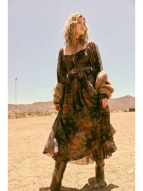 Floral-Print Smocked Bubble Sleeve Maxi Dress