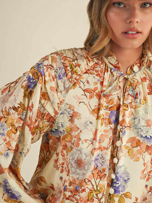 Floral Ruched Button Down Blouse