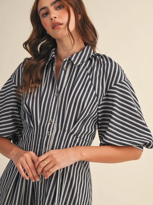 Striped Denim Bubble Sleeve Mini Dress - DENIM BLUE