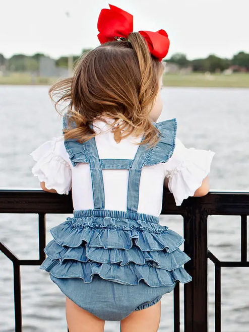 Baby Girls Light Wash Woven Flutter Overall Romper
