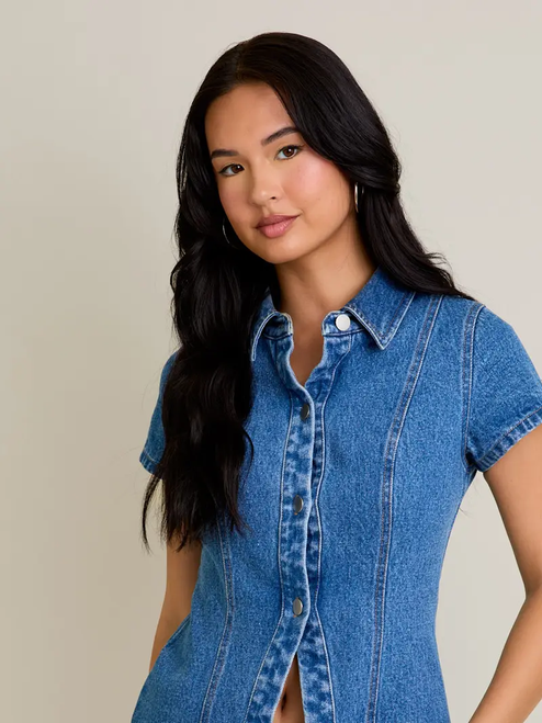 Short Sleeve Button Front Denim Top