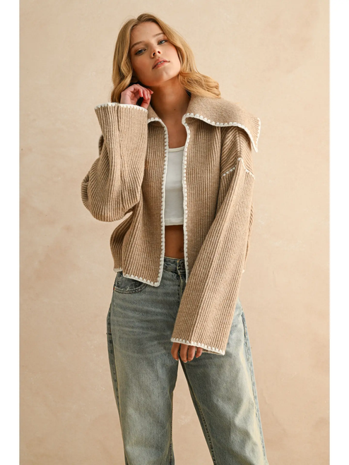 Stitch Detailed Sweater Cardigan - Beige