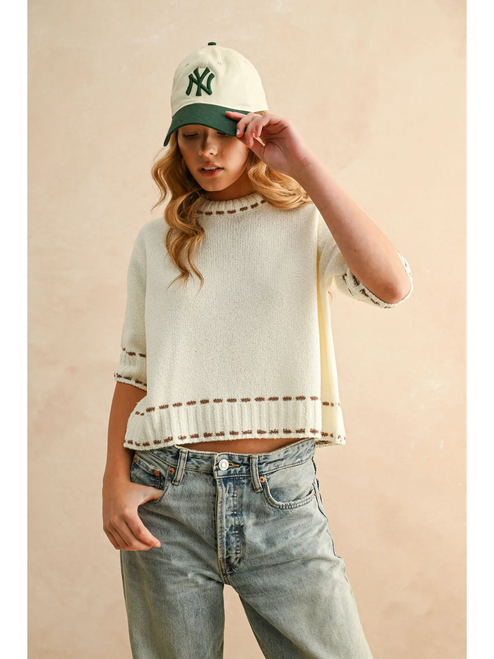 Stitch Effect Detail Short Sleeve Top - Brown