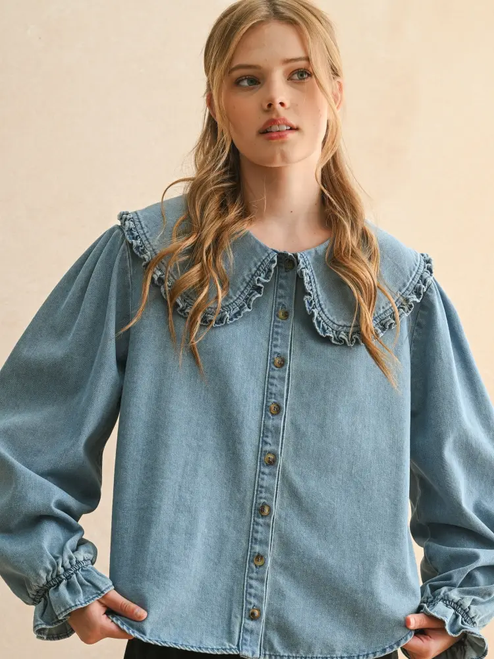 Ruffled Trim Collar Denim Shirts