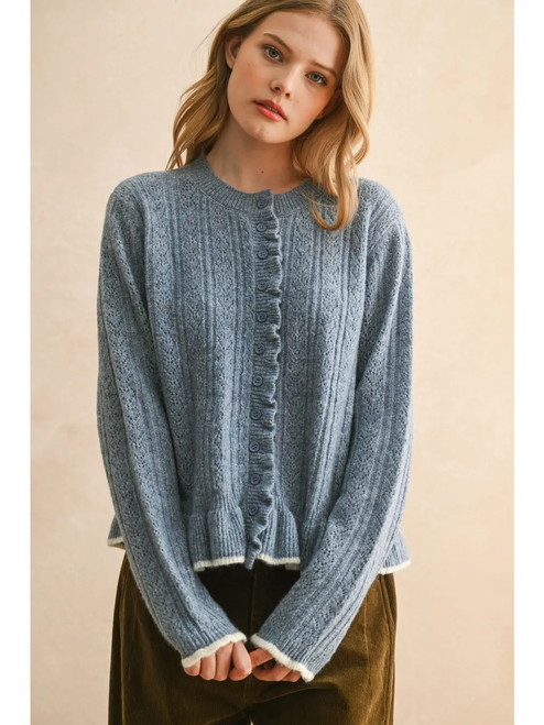 Button Front Ruffled Detail Sweater Cardigan - Denim Blue