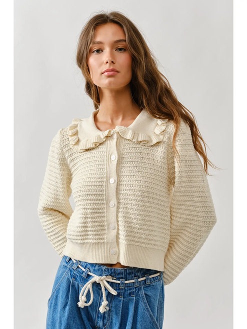 Ruffle Collar Knit Cardigan - Natural