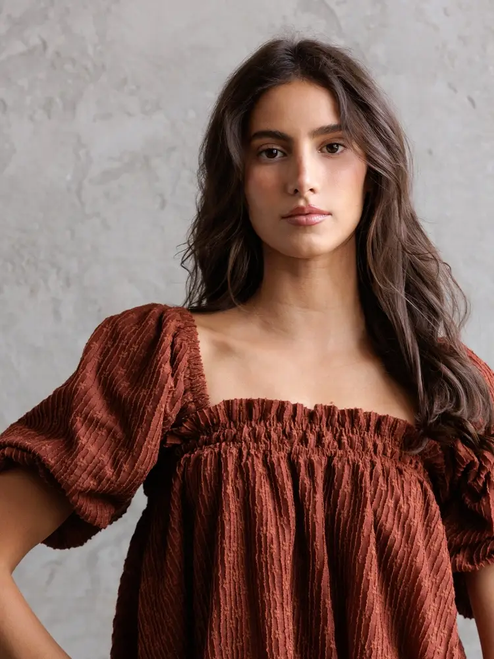 PUFF Sleeve Babydoll Top - Rust Floral
