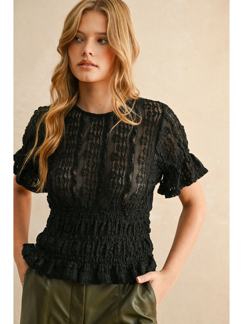 Short Sleeve Lace Blouse - BLACK