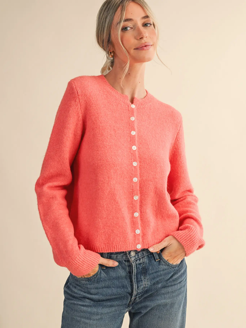 Marled Knit Sweater Cardigan - CORAL RED
