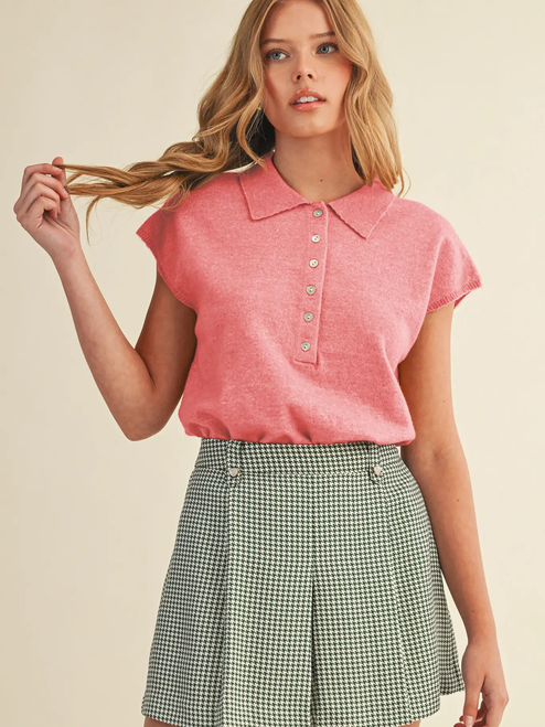 Cap Sleeve Collared Sweater Vest - CORAL