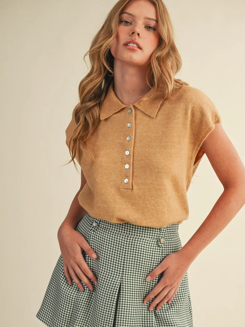 Cap Sleeve Collared Sweater Vest - RUST