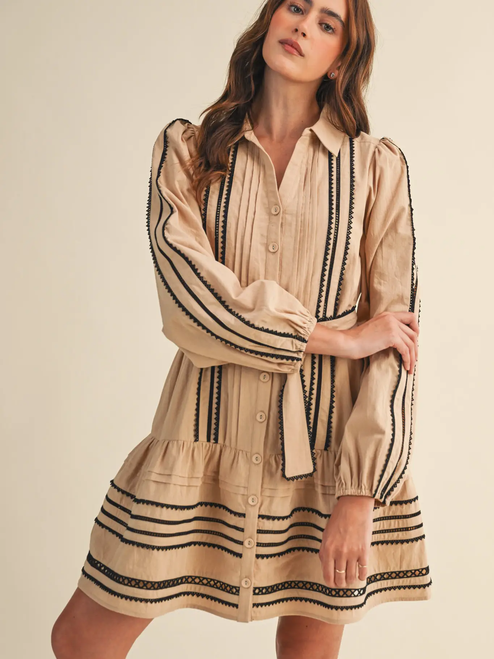 Contrast Lace Trim Belted Mini Dress - TAN BLACK