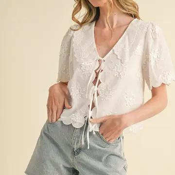 Tie Front Collared Lace Top - WHITE