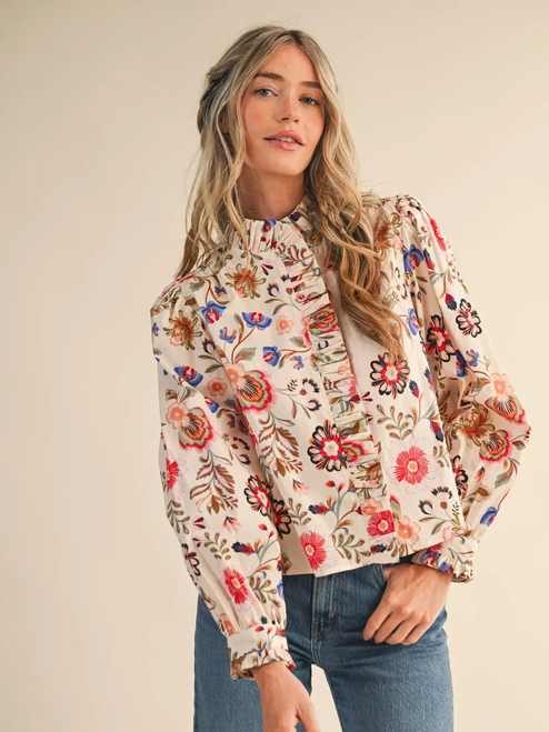 Exclusive Floral Print Ruffled Button Down Top - ASH OLIVE MULTI