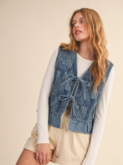 Quilted Printed Denim Ruffle Trim - dark denim
