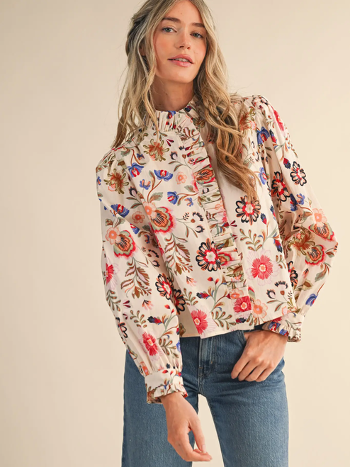 Exclusive Floral Print Ruffled Button Down Top - CREAM MULTI