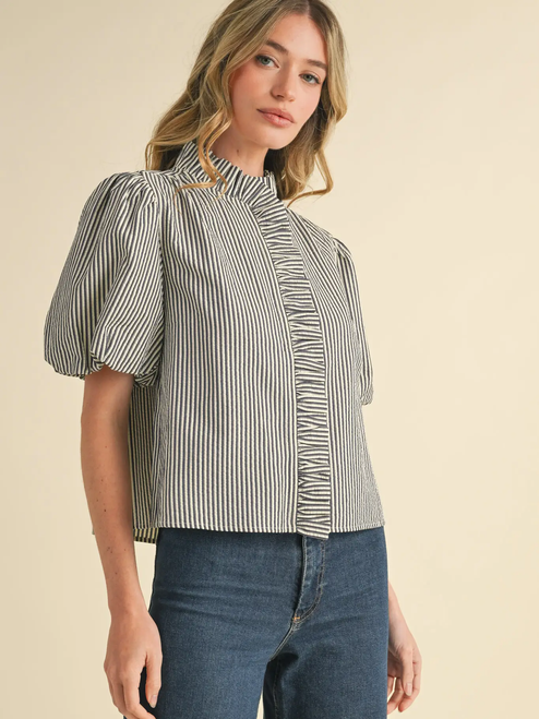 Striped Ruffle Button Down Top - DARK DENIM