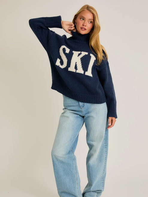 High Neck Oversized Sweater Top - NAVY IVORY