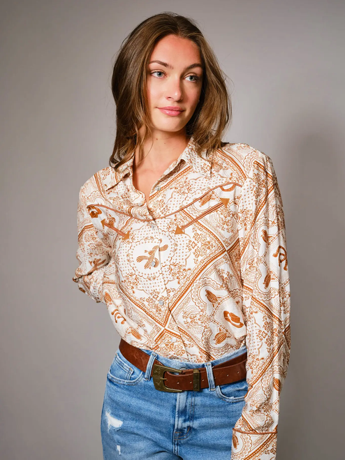 Western Printed Long Sleeve Button-Up Shirt