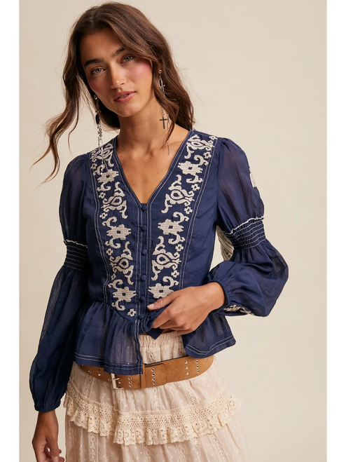 Embroidered Peplum Blouse - NAVY