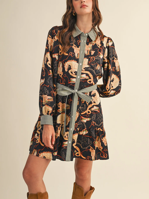 Exclusive Mixed Print Button Down Mini Dress - BLACK MULTI