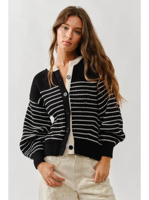 Voluminous Sleeve Stripe Cardigan - BLACK / CREAM
