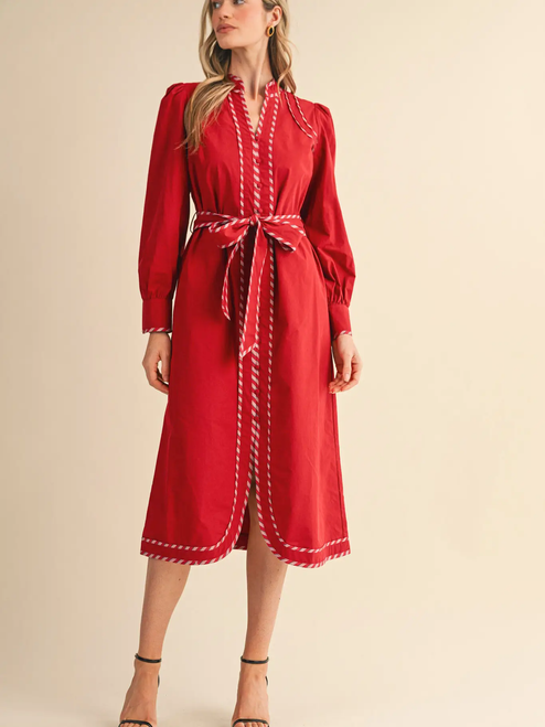Striped Contrast Binding Detail Belted Midi Dress - RUBY RED