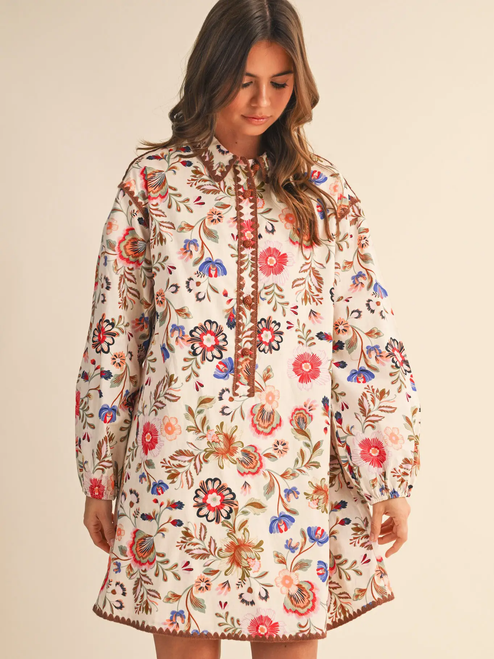 Exclusive Print Blanket Stitch Buttoned Mini Dress - CREAM MULTI