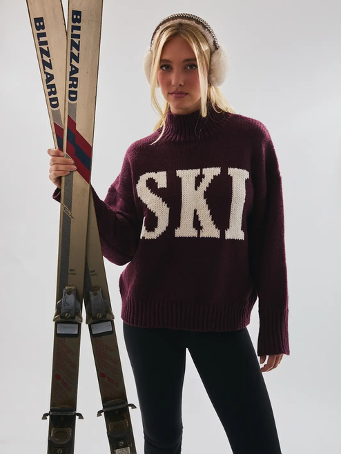 High Neck Oversized Sweater Top - WINE-IVORY