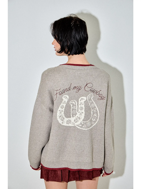 Cowboy Printing Writting Cardigan - H. GREY