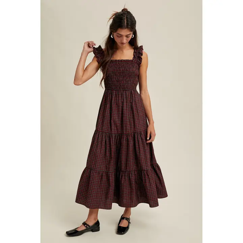 Gingham Ruffle Sleeve Tiered Midi Dress | RED/GREEN