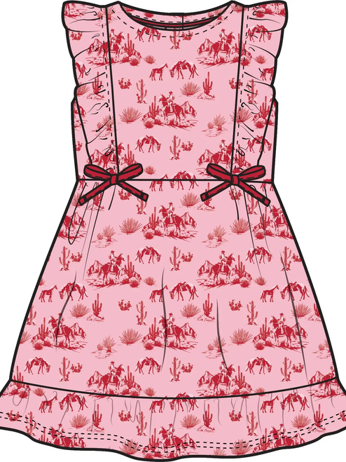 Girls Pink Western Trail Toile Pinafore Bow Dress