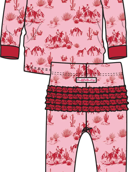 Softsnooze™ Toddler Girls Modal Blend Pink Western Trail Toile Ruffle Long Sleeve Pajama Set with Signature Rear Ruffles