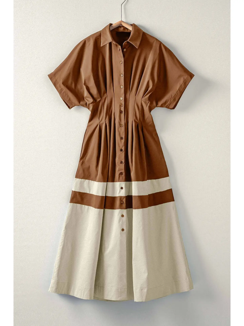 Colorblock Button-Up Cotton Midi Dress - BROWN
