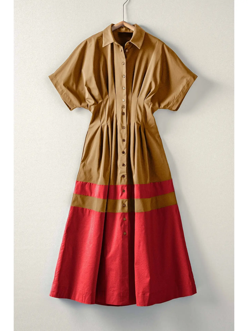 Colorblock Button-Up Cotton Midi Dress - CAMEL