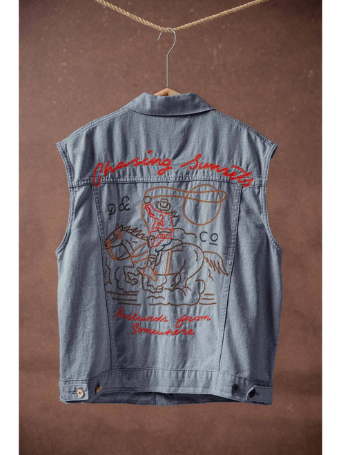 Western Sunset Embroidered Denim Vest - DENIM BLUE