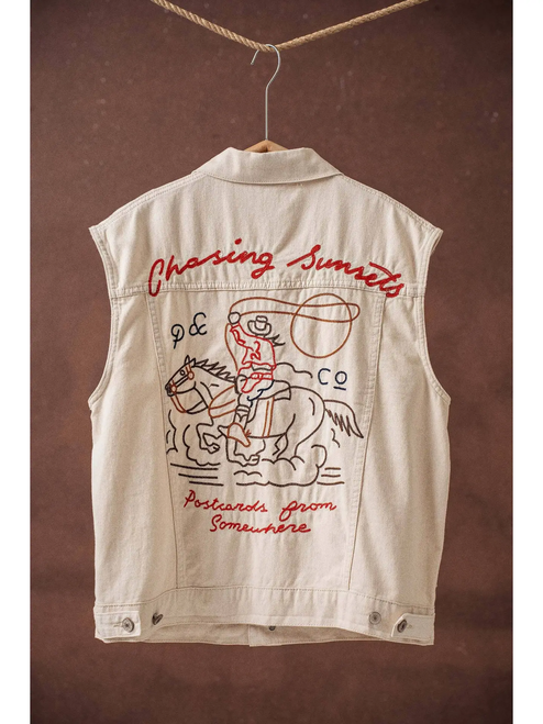 Western Sunset Embroidered Denim Vest - OATMEAL