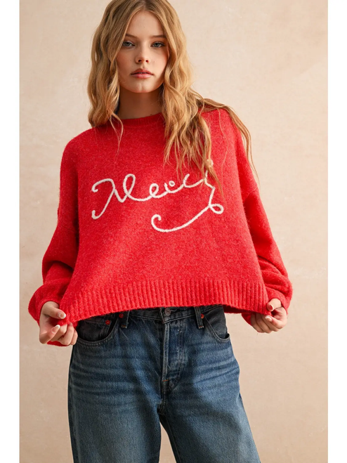 Merci Letter Patch Sweater Top - RED