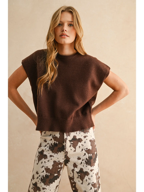 Loose Fit Short Sleeve Sweater Top - CHOCOLATE
