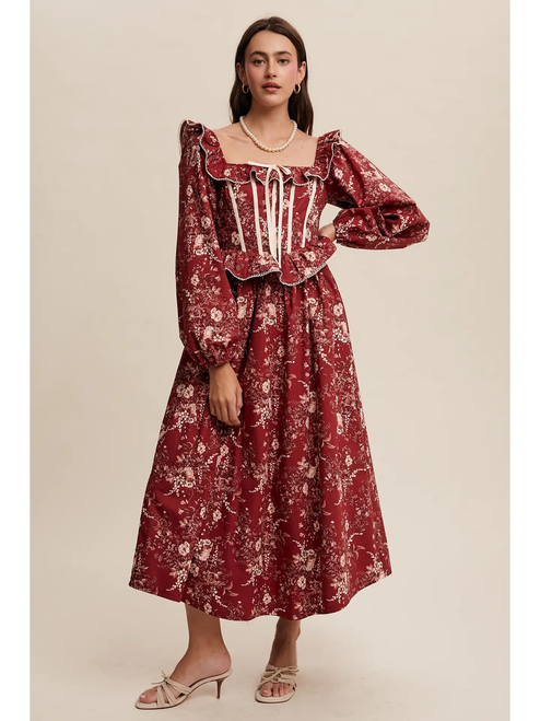 Floral Corset Ruffle Midi Dress - CRIMSON