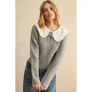 Long Sleeve Cable Knit with Crochet Collar