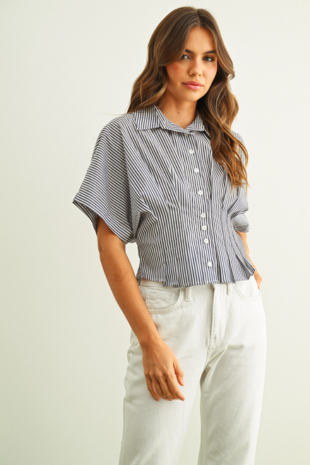 Stripe Button Front Shirts with Pleated Waist Detail - Blue