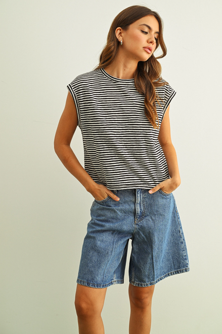 Stripe Pattern Slub Top - White Black