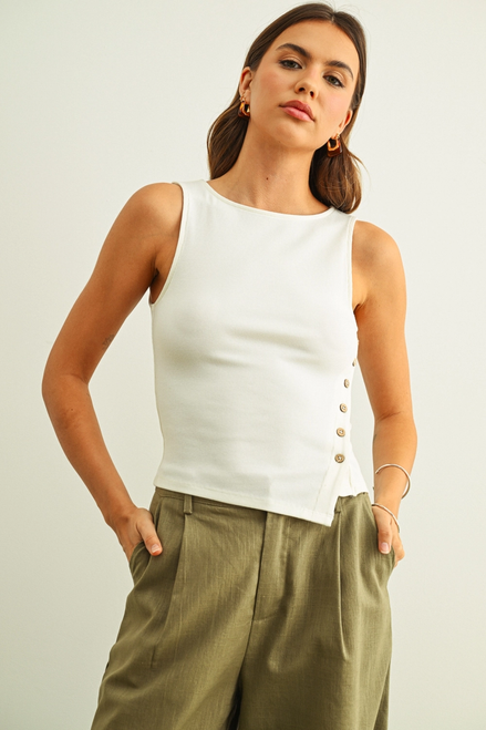 Ribbed Button Detail On the Side Top - White